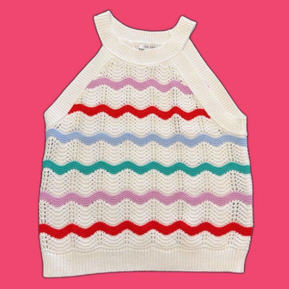 On 34th Tops - On 34th White Chevron Pointelle Knit Halter Tank Top